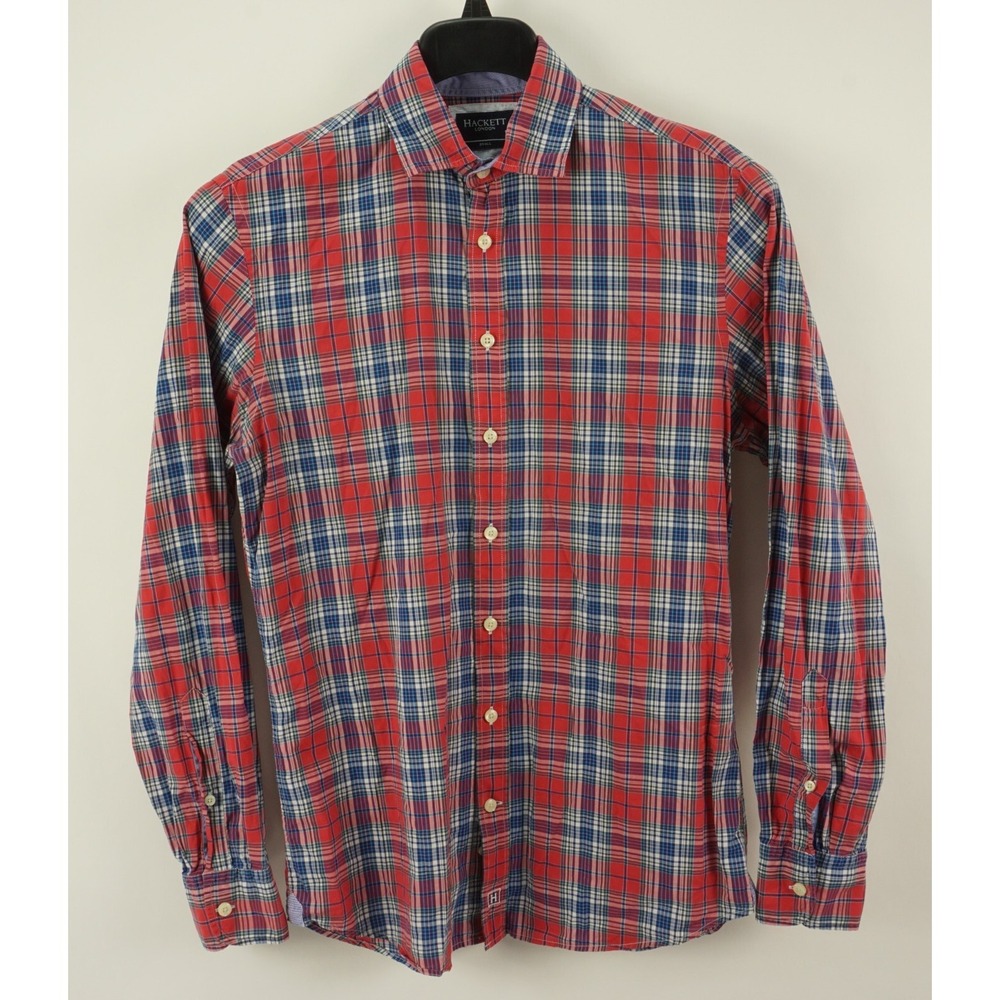Hackett London Men's Small Long Sleeve Red Blue Plaid Cutaway‎ Button Up Shirt